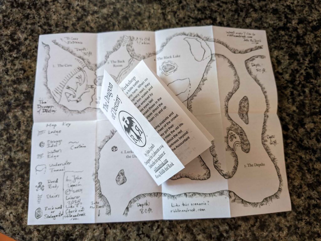 A sample pocket dungeon. One side of the paper has a dungeon map on it. The other side of the paper has text describing the rooms in the map, printed so that the page can be folded up into a small, 8-page booklet. This type of booklet is also called a "pocket mod." The dungeon scenario is called "The Dragon of Destiny" and was created by John Lynch specifically for Lobocon 2024.