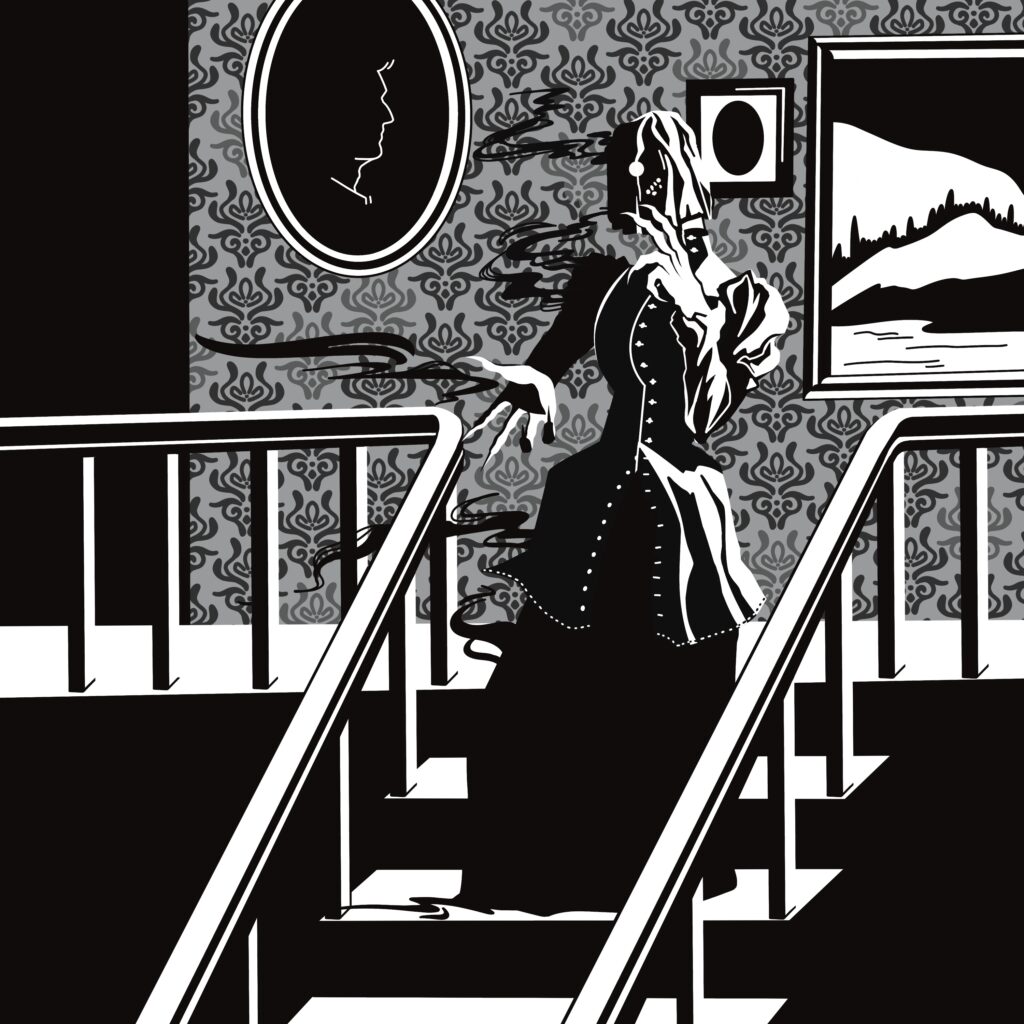 A ghost at the top of a stairwell.