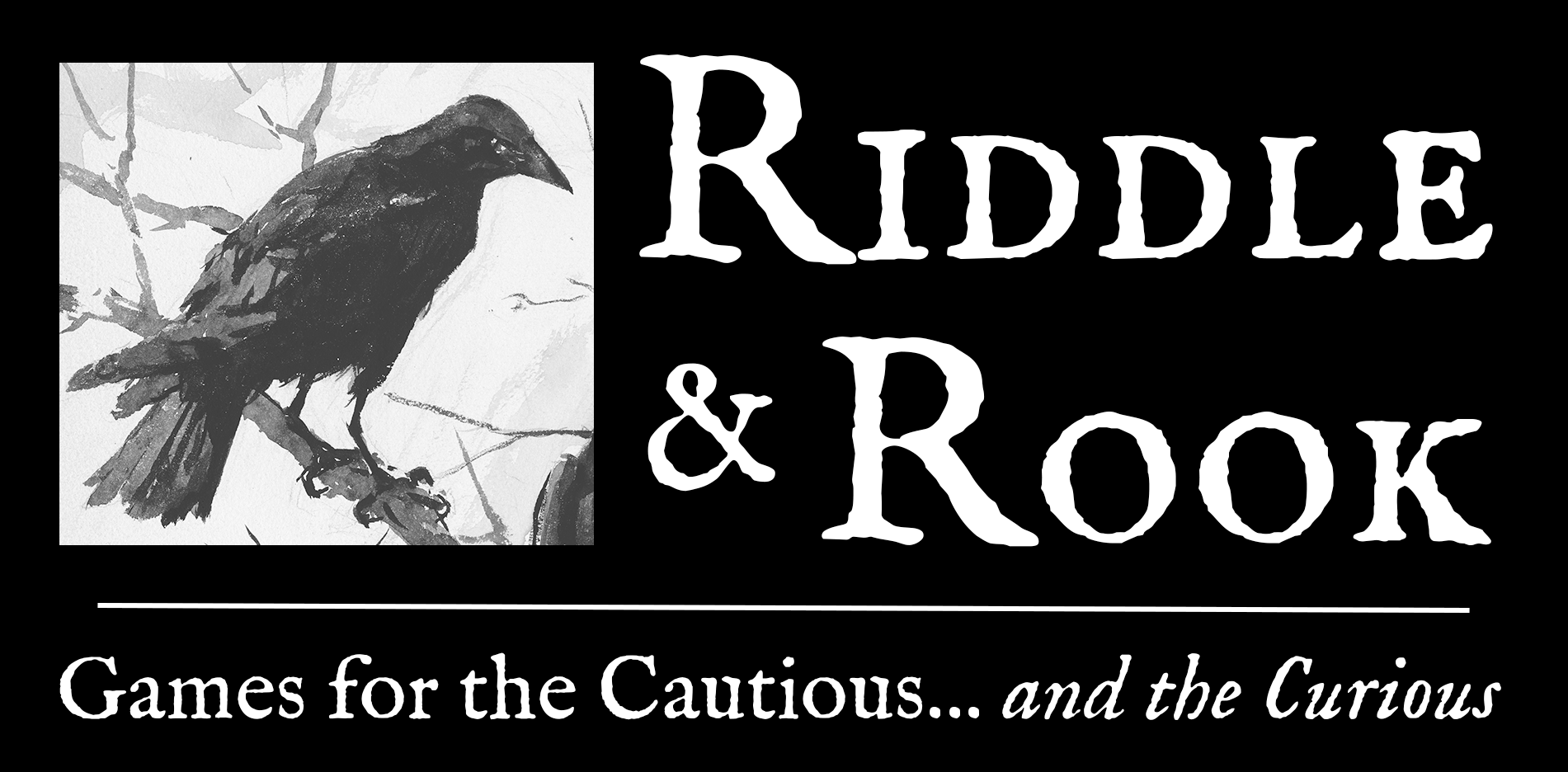 Riddle and Rook Logo, showing a raven and the words Riddle & Rook: Games for the Cautious and the Curious