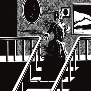 A ghost at the top of a stairwell.