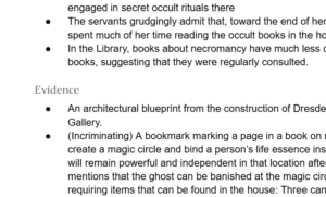 An except of the draft clues for The Haunting of Dresden Manor.